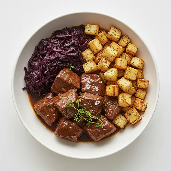 Tangy Cider-Vinegar Braised Beef with Braised Red Cabbage  & Roasted Parsnips